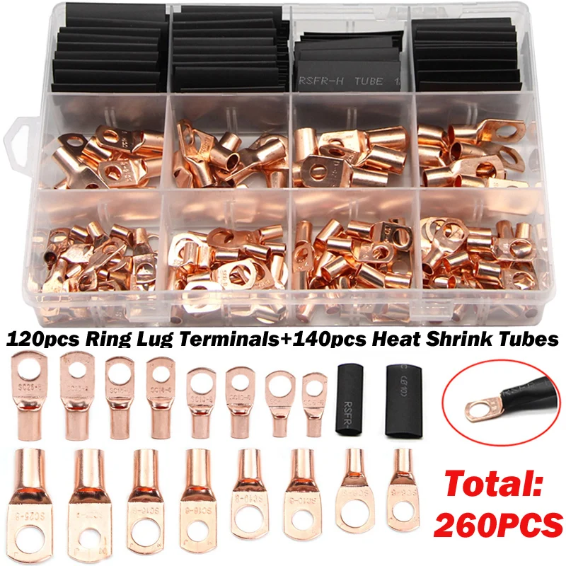 

260PCS Bare Wire Crimp Terminals Copper Lug Ring Battery Wire Connectors Soldering Terminals Assortment Kit