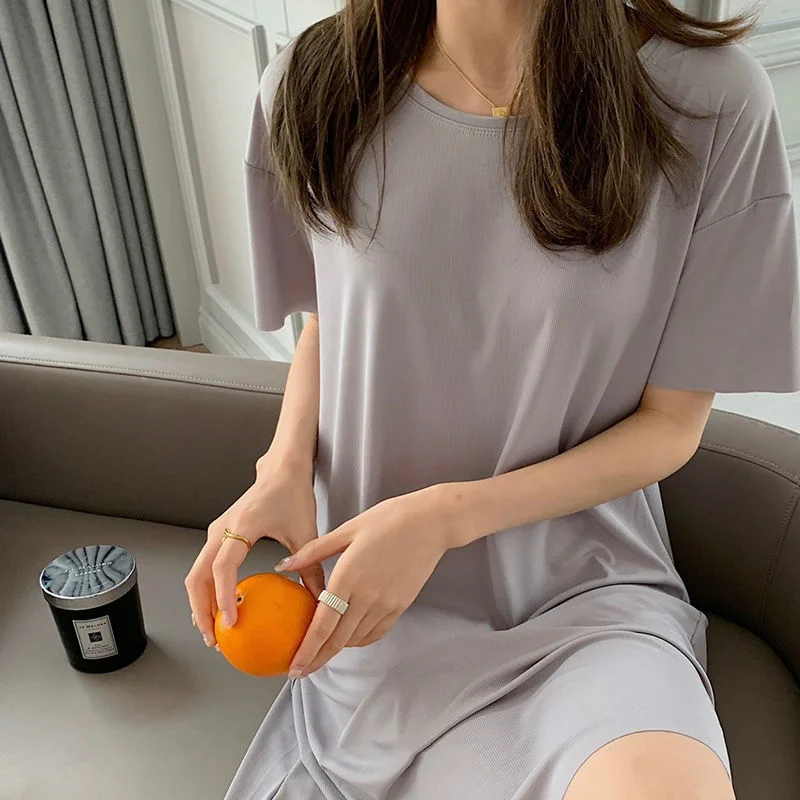 Solid Nightgowns Women Summer Loose Ice Cozy Breathable Knee Length Tees Simple Sleepwear Home Lounge Korean Stylish Nightdress