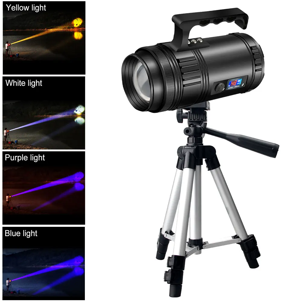 Powerful Fishing Light with Tripod 4 Color Searchlight Zoomable Flashlight Portable Spotlight Handheld Emergency Light