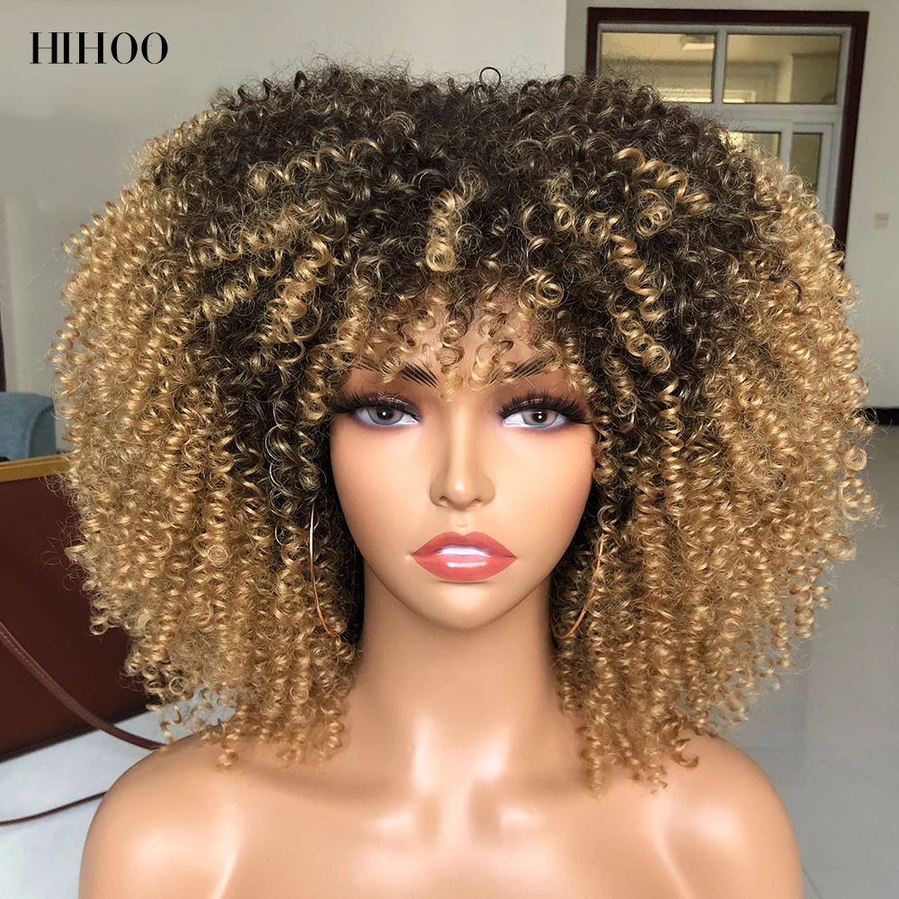 

Short Hair Afro Kinky Curly Wigs With Bangs For Black Women Cosplay Lolita Synthetic Natural Hair Blonde Wig Red Pink