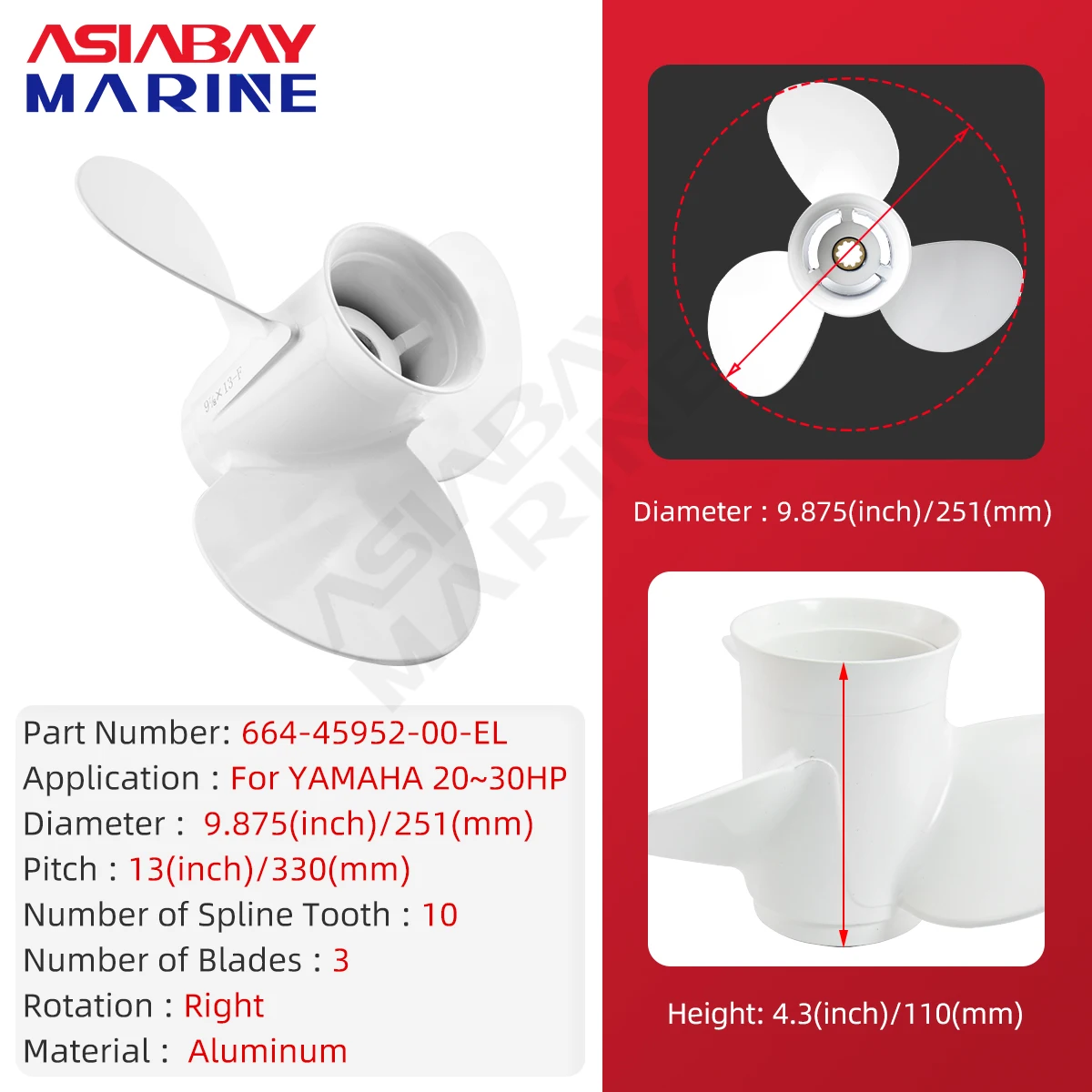 المروحة قارب المسمار سبائك الألومنيوم الخارجي ، 3 شفرة ، 10 Spline البحرية جزء المحرك لياماها 20HP 25HP 30HP 9 7/8*13