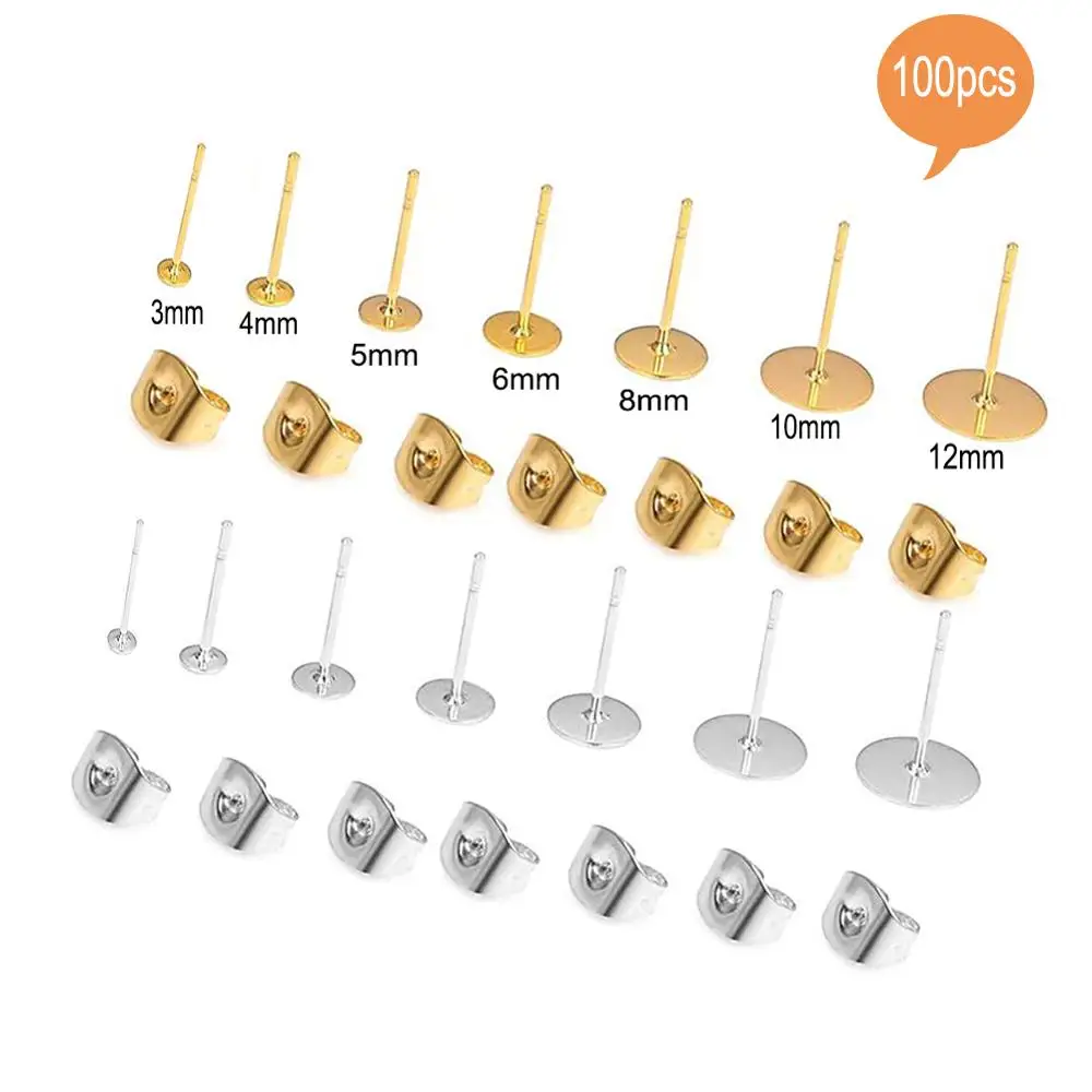 100pcs 3mm-12mm Hypoallergenic Stainless Steel Earrings Posts Flat Pad Blank Earring Pin Studs for Jewelry Making Findings