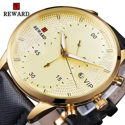 Men Luxury Watch Black Gold Waterproof Quart Watch Male REWARD VIP Chronos Wristwatch Clock Genuine Leather Strap with Gift Box