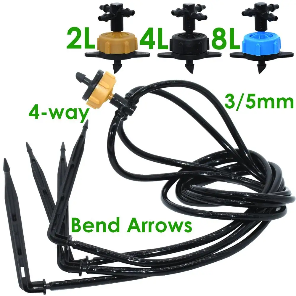 Greenhouse 3/5mm Drip Irrigation 4-Way Bend Arrow Dripper 2-Way Transmitter Watering System Dropper for Pot Garden Lawn 10/20set