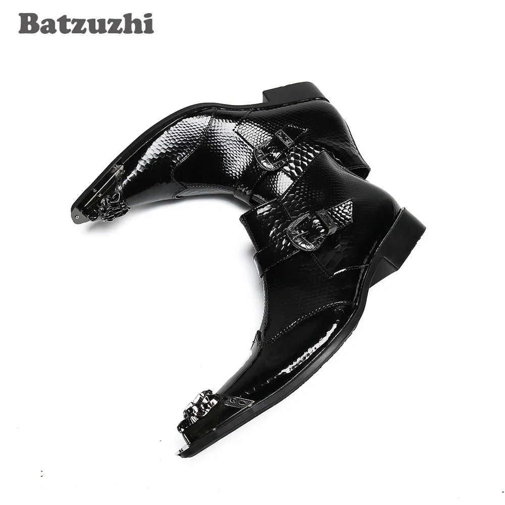 

Batzuzhi Black Genuine Leather Ankle Boots Man Pointed Iron Toe Black Business/Party Boots for Man, Big Sizes 38-46