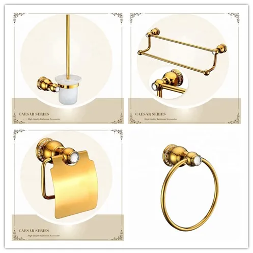 Luxury gold brass with crystal Bathroom Hardware Accessory Set towel ring paper holder Toilet brush Holder towel rack