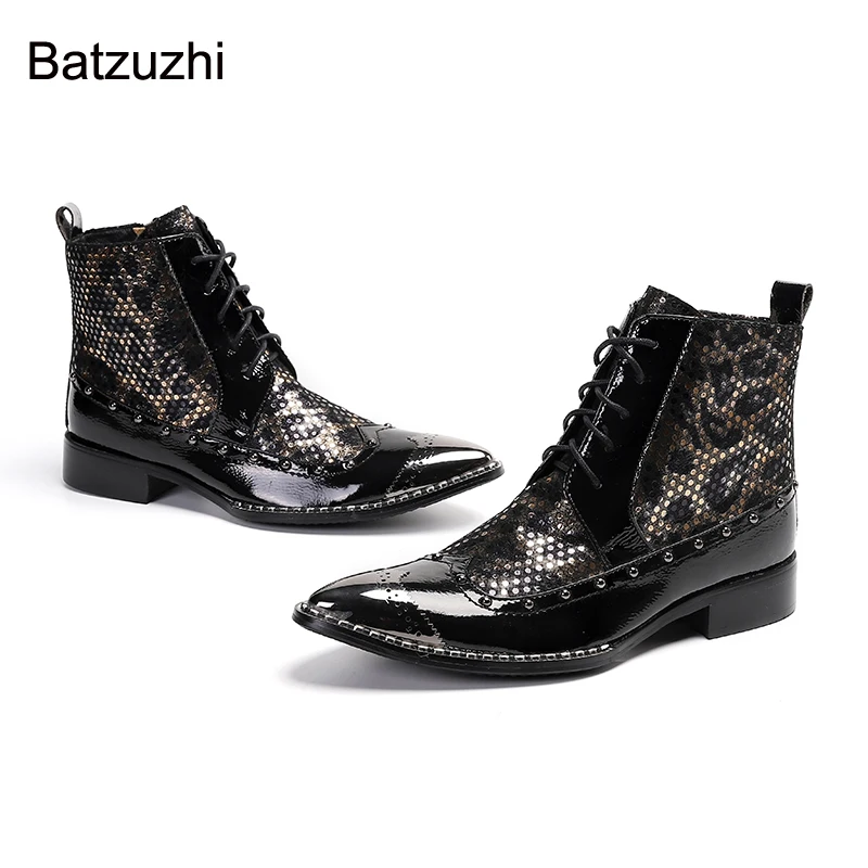 

Batzuzhi Black Leather Ankle Boots Men British Type Handsome Pointed Metal Toe Lace-up Motorcycle/Party Men's Boots!, 38-46