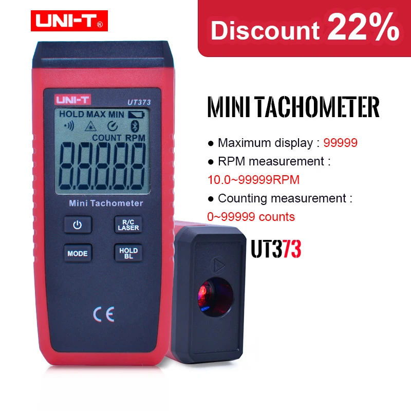 

UNI-T UT373 Digital Laser Handheld Tachometer Single Trigger Auto RPM Speed Tester Measurement Meter Non-contact LCD Backlight