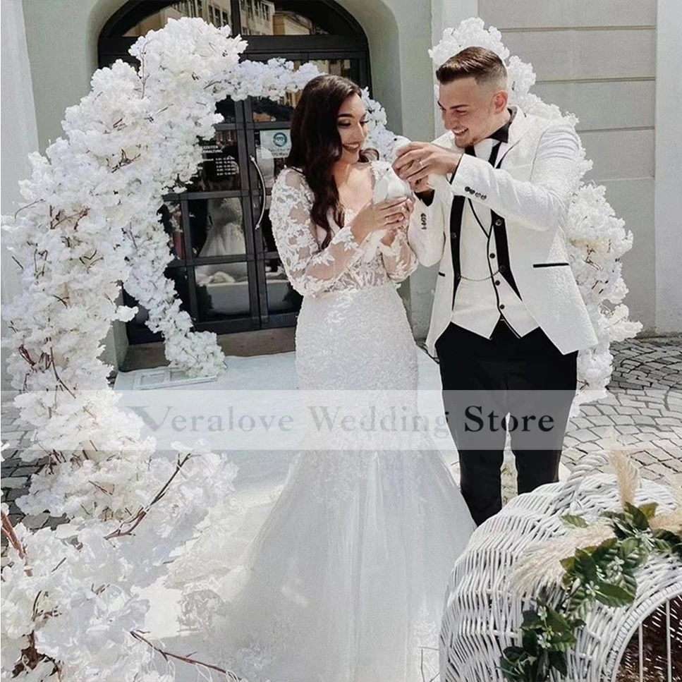 White Ivory Wedding Dress Mermaid Long Sleeves Lace Appliques Country Garden Bridal Gowns with Train Sweetheart Wedding Gowns