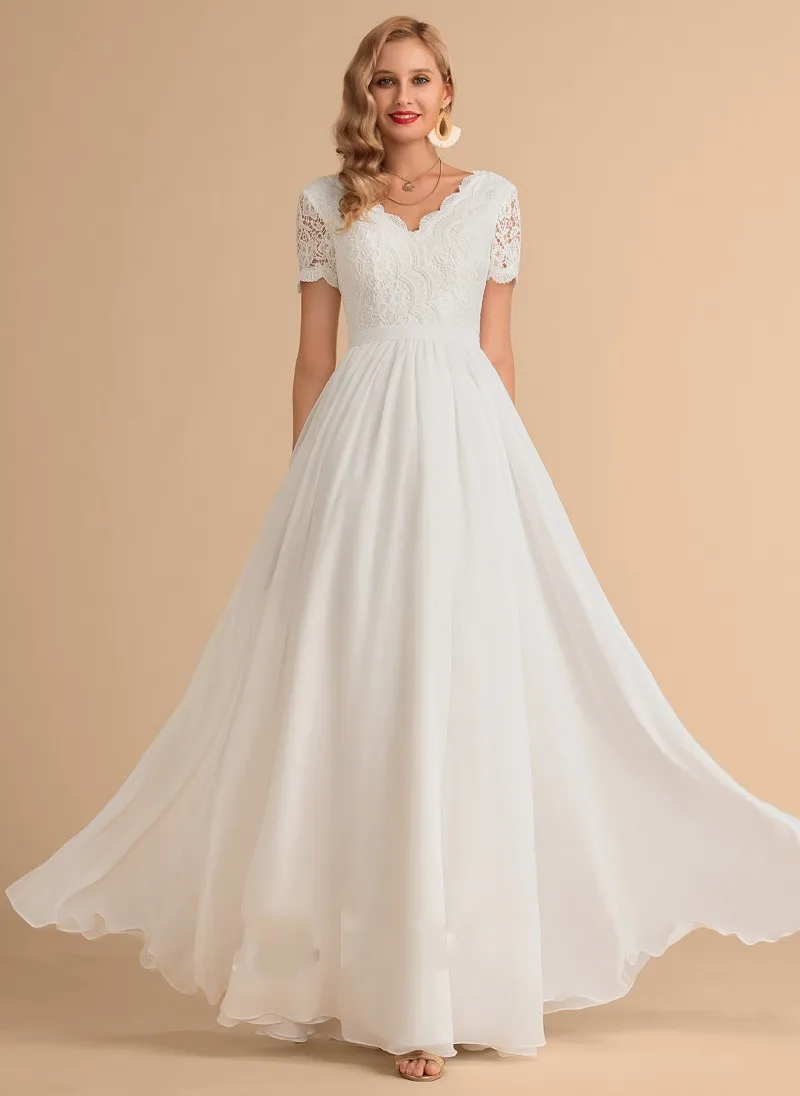 A-Line V-neck Floor-Length Chiffon Lace Wedding Dress Sweet Short Sleeves Bridal Party Gowns Robe De Mariage Vestidos Noiva