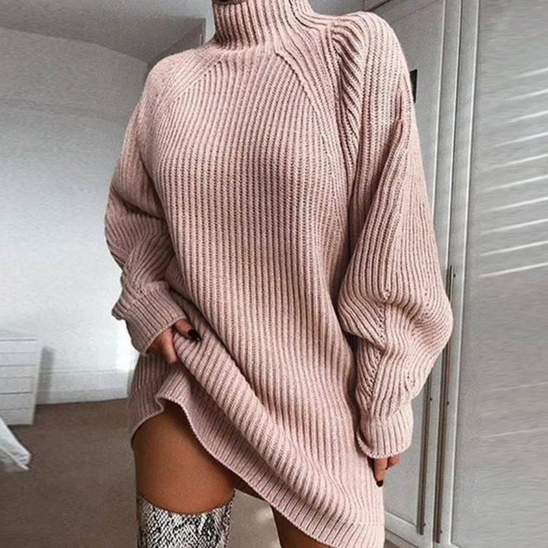 Turtleneck Oversized Knitted Long Sleeve Sweater Dress Women\'s Autumn Winter Casual Elegant Mini Dress Pink Gray Black Apricot