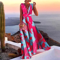 2022 Summer Retro Floral Printed Party Long Dress Women Elegant Sexy Deep V Neck Sleeveless Dress Ladies Fashion Beach Dresses