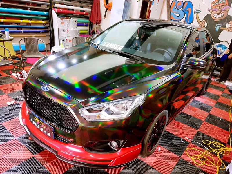 

Black Holographic Chrome Permanent Adhesive Craft Vinyl DIY Car Wrap Film Foil with Air Release Bubbles 1.52x18 meters