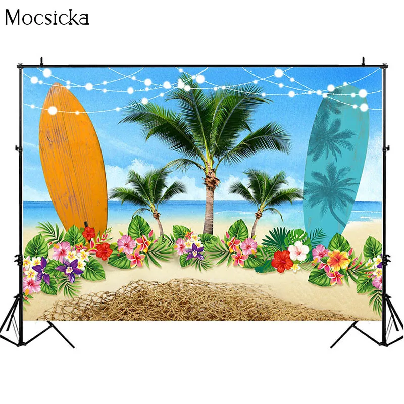 Sommer Surf Fotografie Hintergrund Surfbrett Sandy Strand Meer Blau Sky Palm Baum Decor Kind Geburtstag Partei Hintergrund Foto Studio