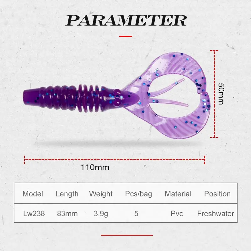 Hunthouse pesca iscas macias raiva cauda craw isca 5 pçs/saco pvc 83mm 3.9g pique isca baixo para swimbait falso isca de silicone pesc