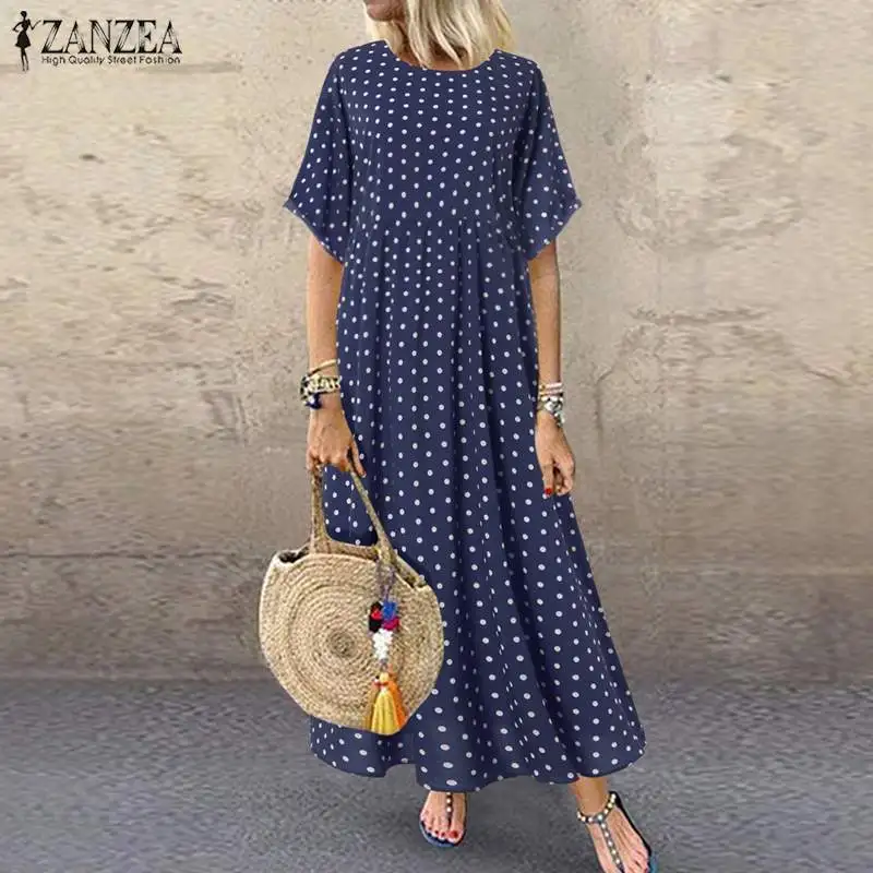 ZANZEA 2023 Fashion Polka Maxi Dress Women\'s Print Sundress Casual O Neck Summer Long Vestidos Female Pleated Robe