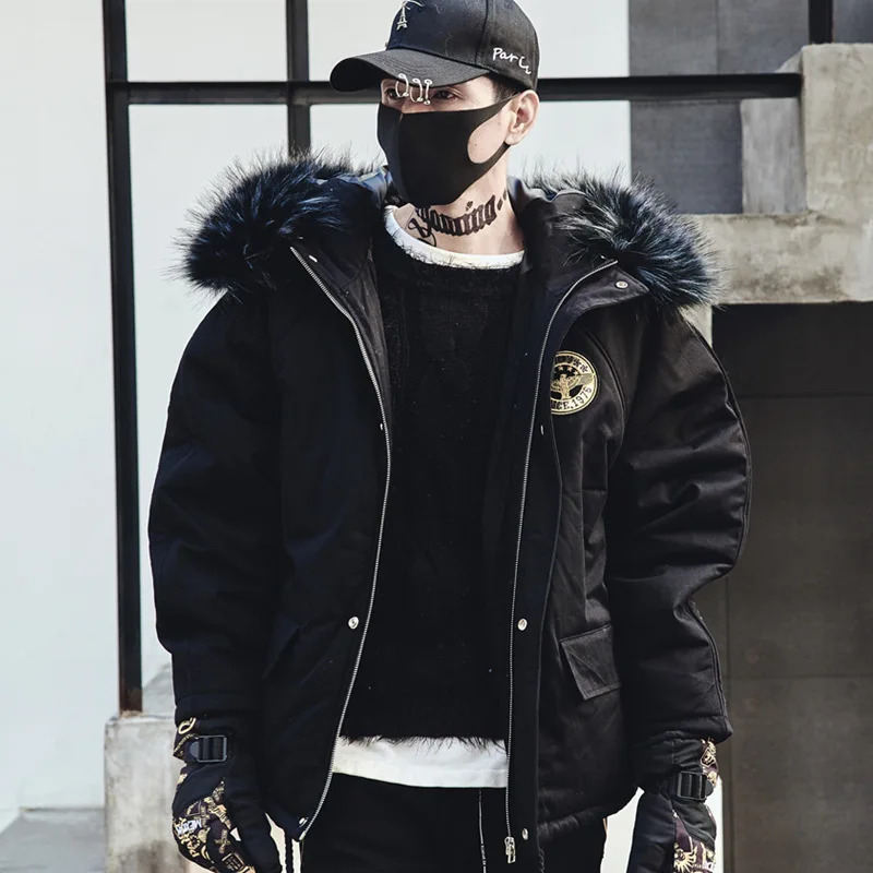 

Men Winter Thick Fur Collar Hooded Parkas Jacket Male Streetwear Hip Hop Punk Cotton Padded Coat Fashion Overcoat Black