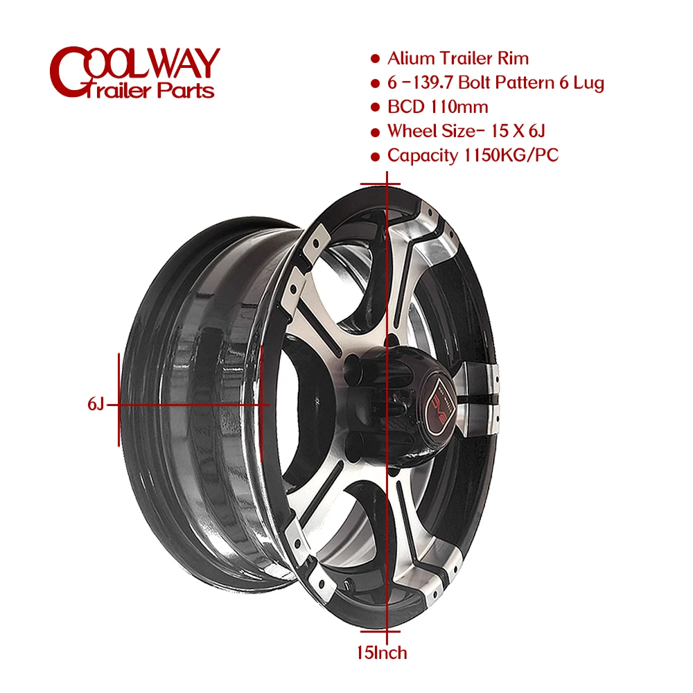 15 Inch X 6J Alium Trailer Rim 6 - 139.7 Car Bolt Pattern Capacity 1150KG ET0 Caravan Boat RV Parts Accessories