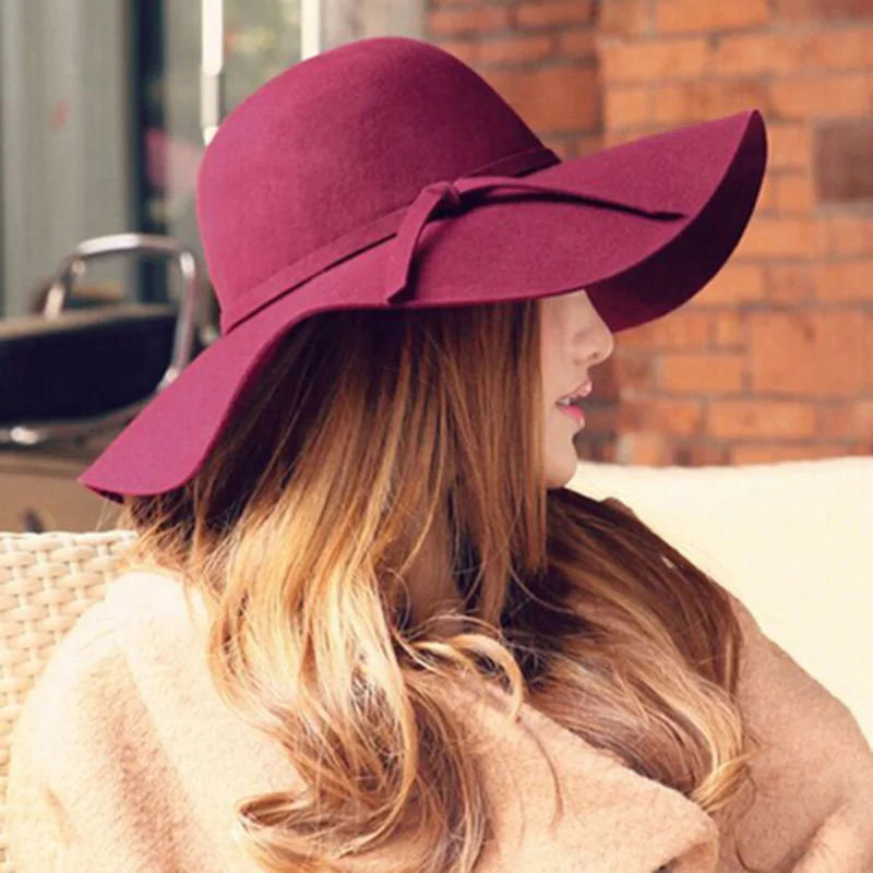 Bowknot Top Hat Ladies Big Brim Fashion Dome New Imitation Woolen Fedora Autumn Winter Warm Hat