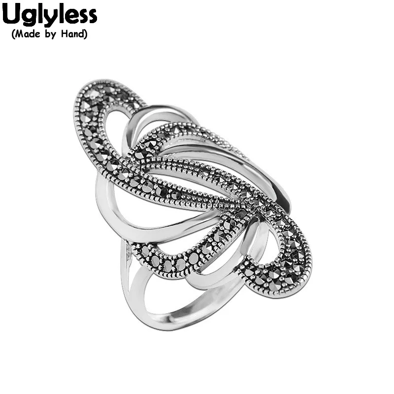 

Uglyless Exaggerated Performance Dress Jewelry for Women Real 925 Silver Open Rings Personalized Long Wide Hollow Flowers Rings