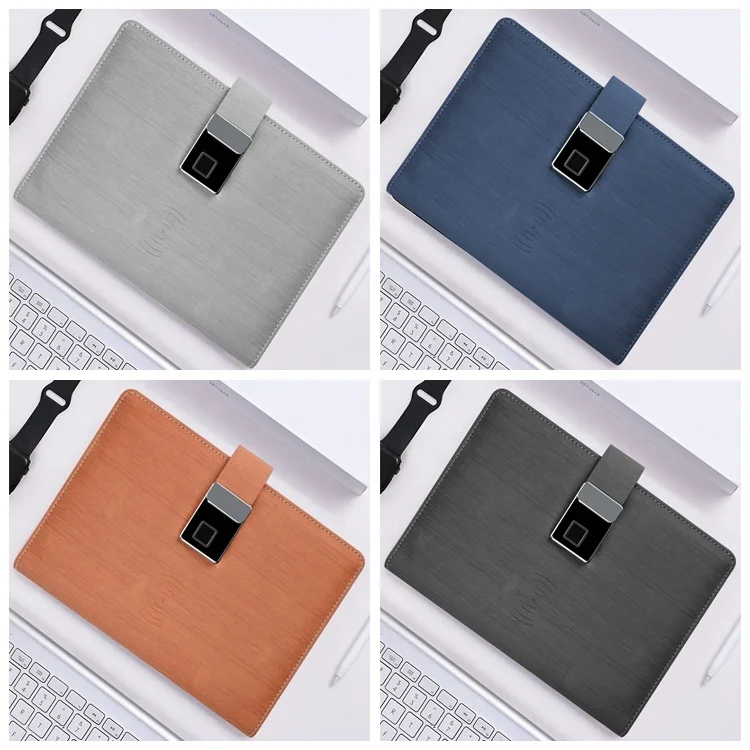 Кожаный блокнот с блокировкой по отпечатку пальца, многофункциональное умное Беспроводное зарядное устройство для офиса и школы, дневник с U-диском, даолиновая бумага с блоком питания