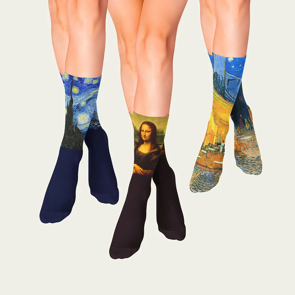 Van Gogh Oil Painting Retro Socks Fashion Ladies Colorful Harajuku Mona Lisa Sunflower Street Hip Hop Cool Casual Cotton Socks