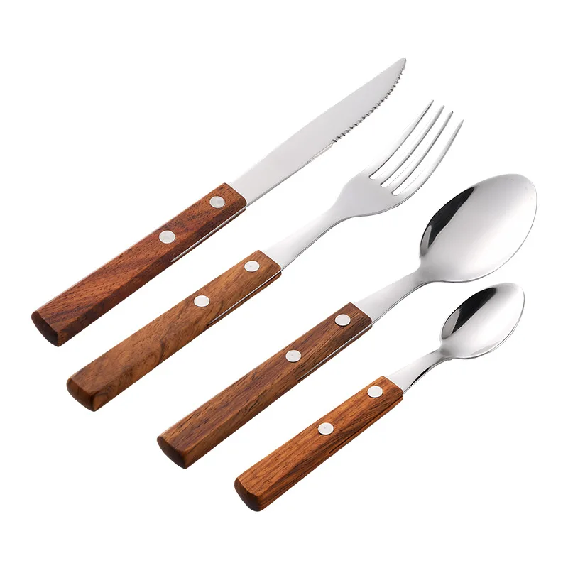 

Jaswehome 4pcs/Set Stainless Steel Tableware Set Knife Spoon Fork Set Wooden Handle Cutlery Set Western Flatware Collection