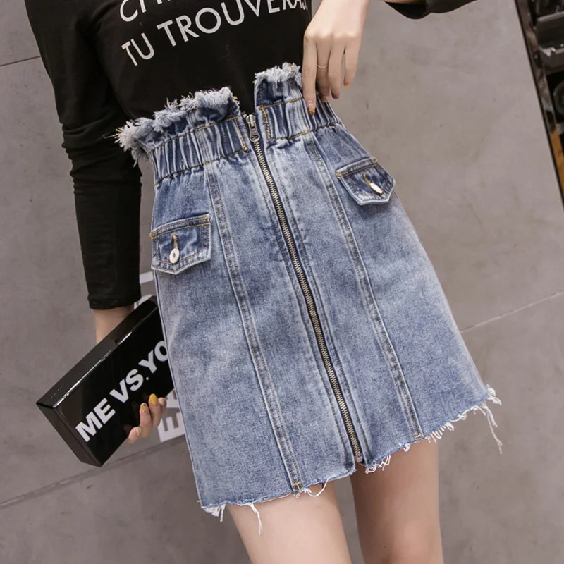 

Waist Elastic Irregular Zipper Denim Skirts Womens Spring New Sweet A-Line Short Skirt Blue Tassel Harajuku Jeans Skirt