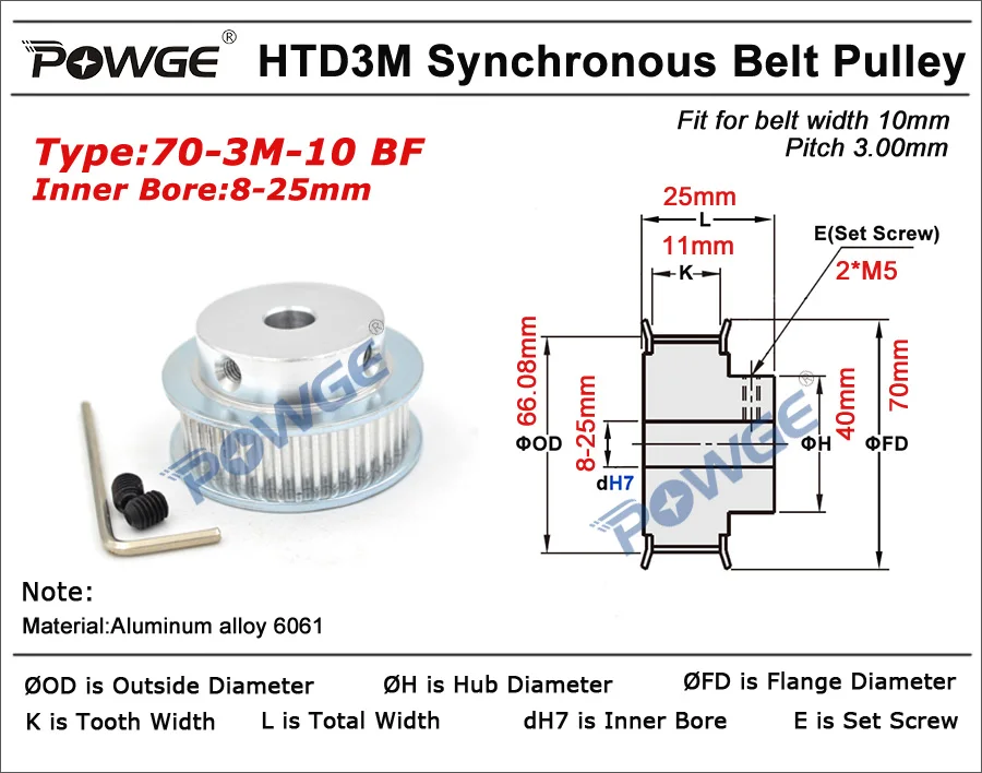 POWGE Arc ฟัน 70 ฟัน 3M Synchronous รอก BORE 8/10/12/14/15/ 16/19/20/22/25mm สำหรับความกว้าง 10 มม.HTD3M เข็มขัด 70 ฟัน 70 T