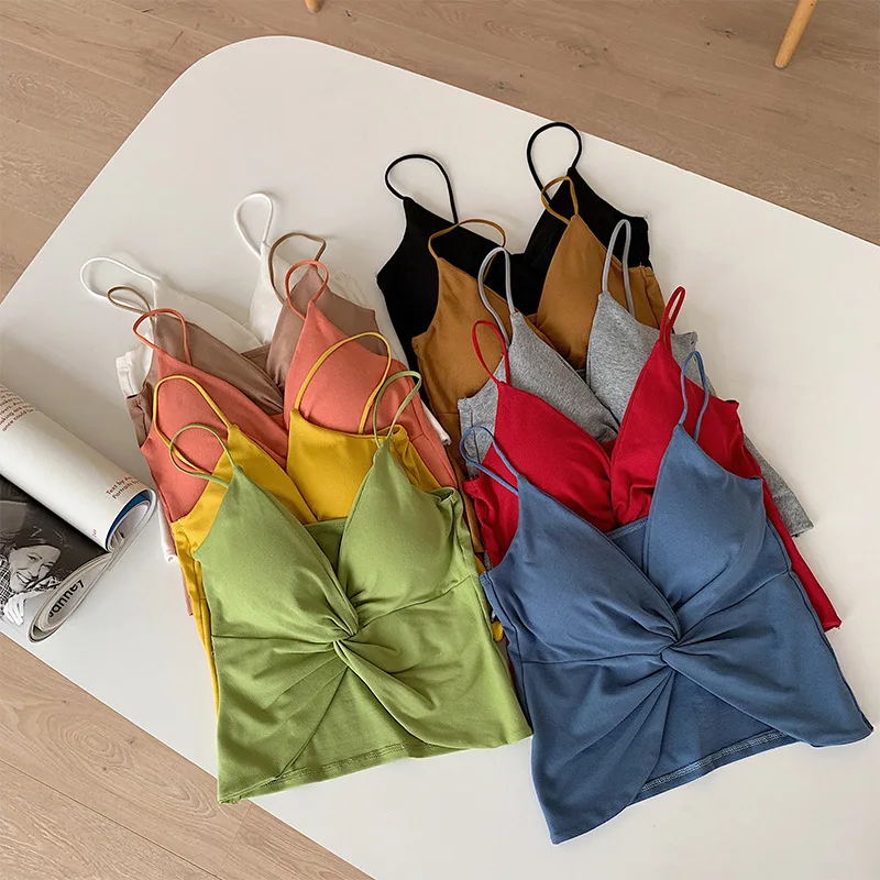 Women Twist‑Front Spaghetti Strap Cami Top Deep V‑Neck Cropped Sleeveless Tank Ladies Casual Padded Cropped Camisole