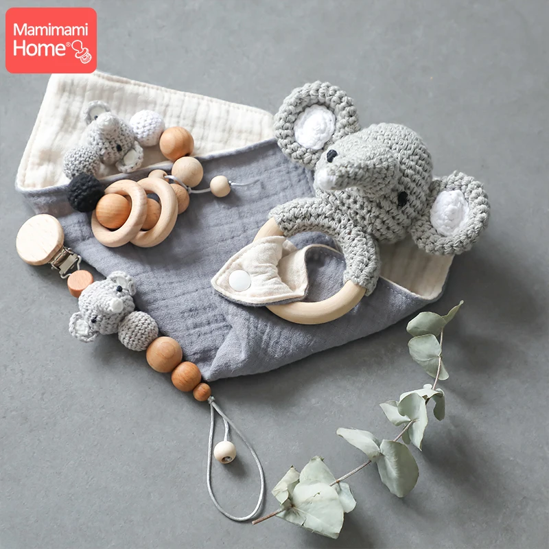 Baby Pacifier chain suit bracelet Bibs Teethers Crocheted elephant pattern Rattle baby wooden Crochet beads Gingival rodent toy