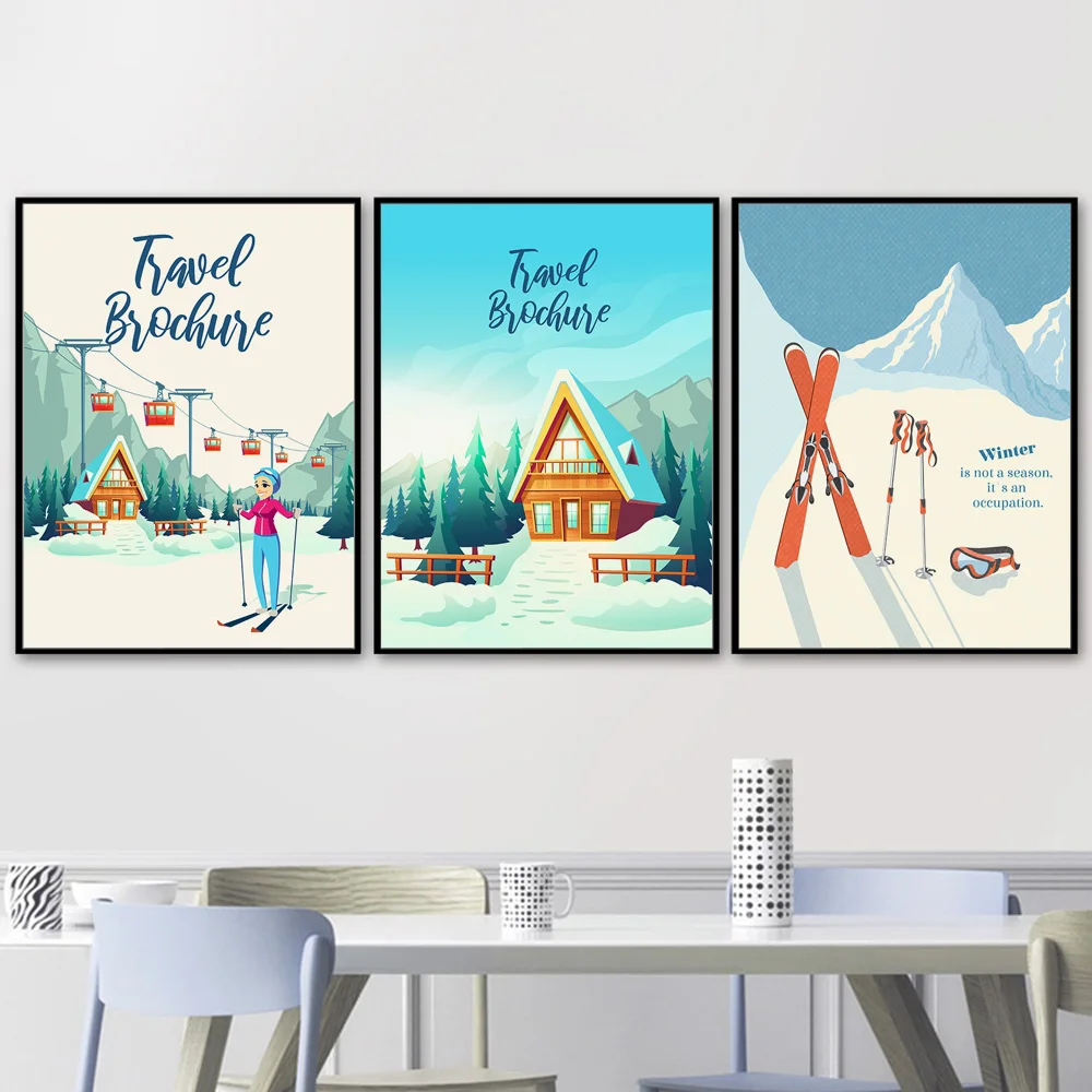 Cartoon Landscape Posters and Prints Girl Sledge Skiing Mountain Winter Wall Art Canvas Painting Korean Pictures Kids Room Decor