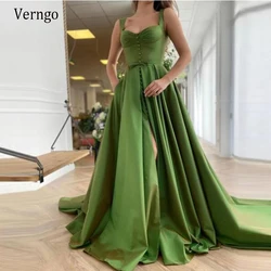 Verngo New Iridescent Green A Line Long Evening Dresses With Buttoned Top Belt Bow Pockets Taffeta 2021 Prom Gowns Formal Dress