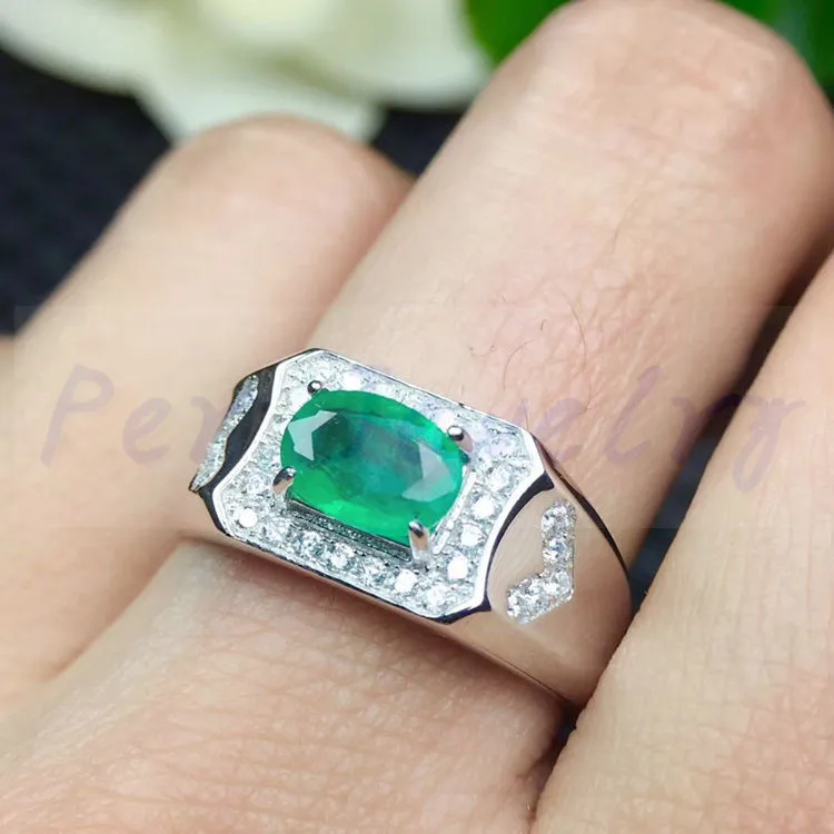 High-end Men ring Emerald ring Free shipping Natural real emerald 925 sterling silver  birthday anniversary gift good color