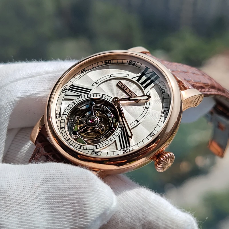 Reef Tiger/RT Real Tourbillon Mechanical Men Watch Alligator Strap Top Luxury Rose Gold Watches Sapphire Glass Waterproof Watch