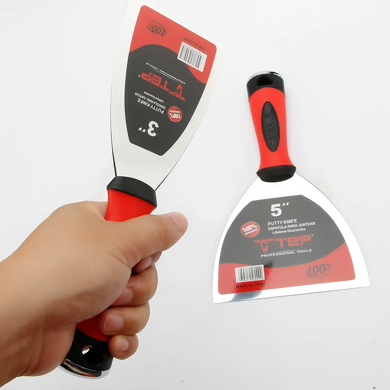 Cuchillo de masilla de acero inoxidable, herramienta de mano para enyesado de pared, mango de plástico, hoja raspadora con agarre suave, 2 uds.