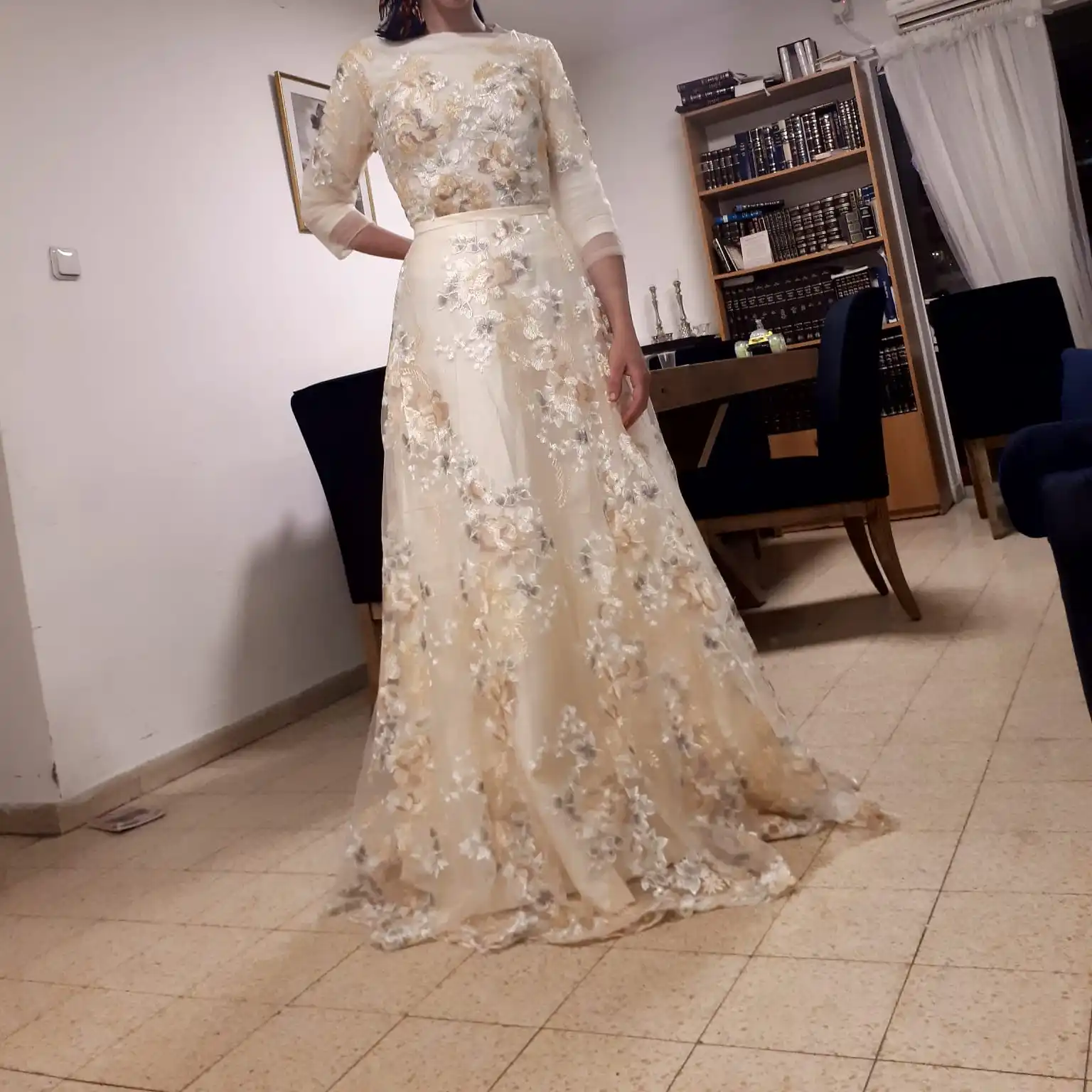 Vestidos De graduación florales con encaje, mangas 3/4, corte en a, cinturón imperio, cintura larga, Vestido De noche De Formatura