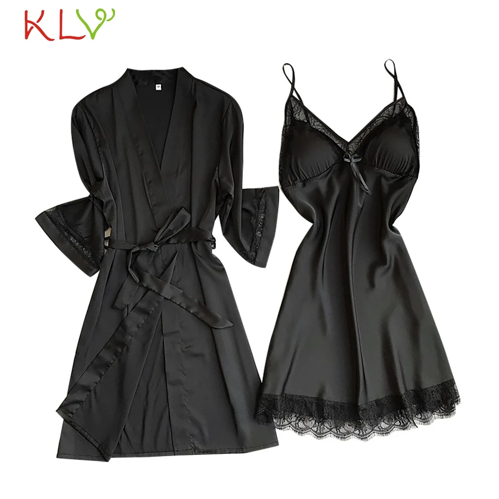 2 Piece Set Pajamas Women Silk Robe Kimono Lace Trim Night Dress Bridesmaid Satin Sexy Lingerie Summer Bathrobe Sleepwear 20Jan