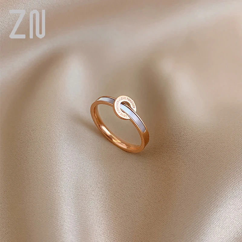 ZN New Minimalist White Shell Disc Ring Titanium Stainless Steel Rings For Women Rose Gold Color Stacking Round Finger Ring