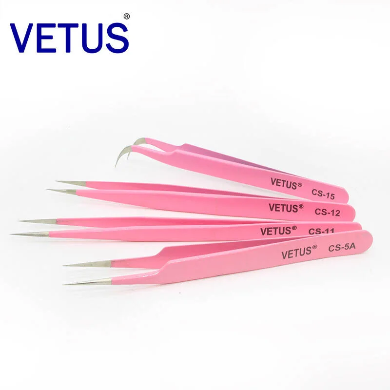 100% Vetus Professional Tweezers Beauty Tools Planting Grafted Eyelashes Stainless Steel Tweezers Pink Lashes Extension Tools