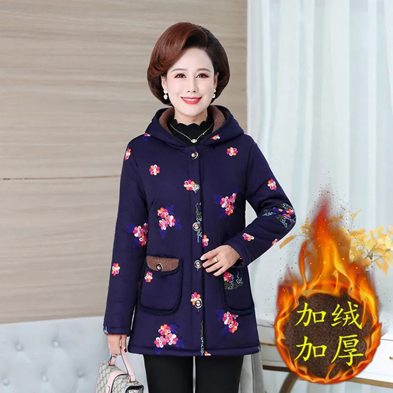 Middle-Aged Elderly Women\'s Winter Cotton Jacket 2025New Mother\'s  Plus Velvet Thick Coat Female Hooded Outwear Printed Overcoat