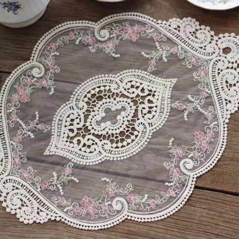 Retro Embroidery White Pink Rose Lace Placemat Costers Tablecloth Dinning Table Decoration Dust Cover Drink Costers Accessories