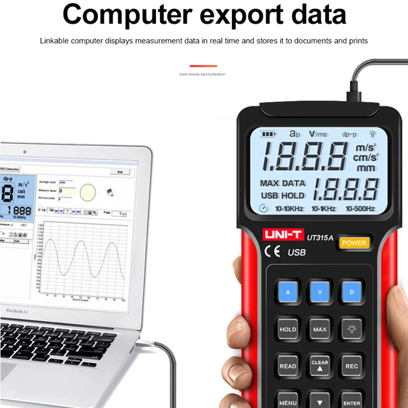 UNI-T UT315A Digital Vibration Testers Vibration Acceleration Velocity Displacement Measurement USB Connect PC Soft