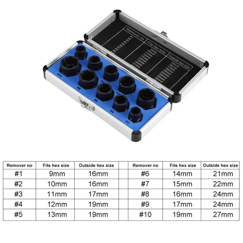 Outil de retrait d\'écrou de cosse endommagé, jeu de douilles de torsion, roue de voiture, outils automobiles, jeu d\'extraction d\'écrou 10 pièces