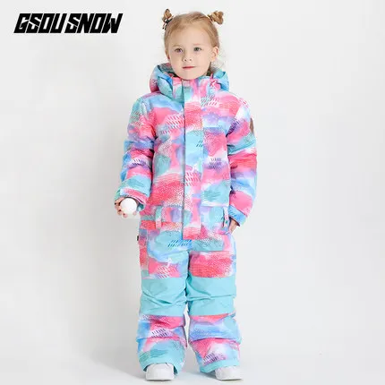 GSOU SNOW Kids One Piece Ski Suit Snowboard Suit Girls Skiing Clothing Hooded Winter Sport Wear Windproof Waterproof Boys Wear