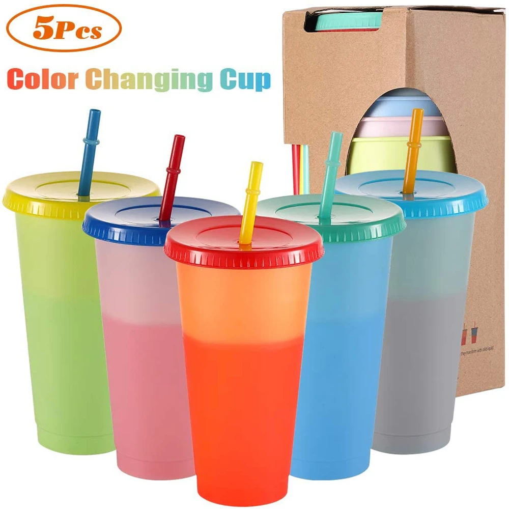 MONGKA 5 sets 24oz Plastic Color Changing Drink Cups, Blank Reusable Cold Drink Cups With Lids and Straws 700ml 5 color