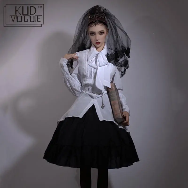 Victorian Gothic Women Cosplay Set Medieval Shirt Dress Pleated Skirt 2pcs Suit Black White Plus Size Lolita Bow Collar Vintage