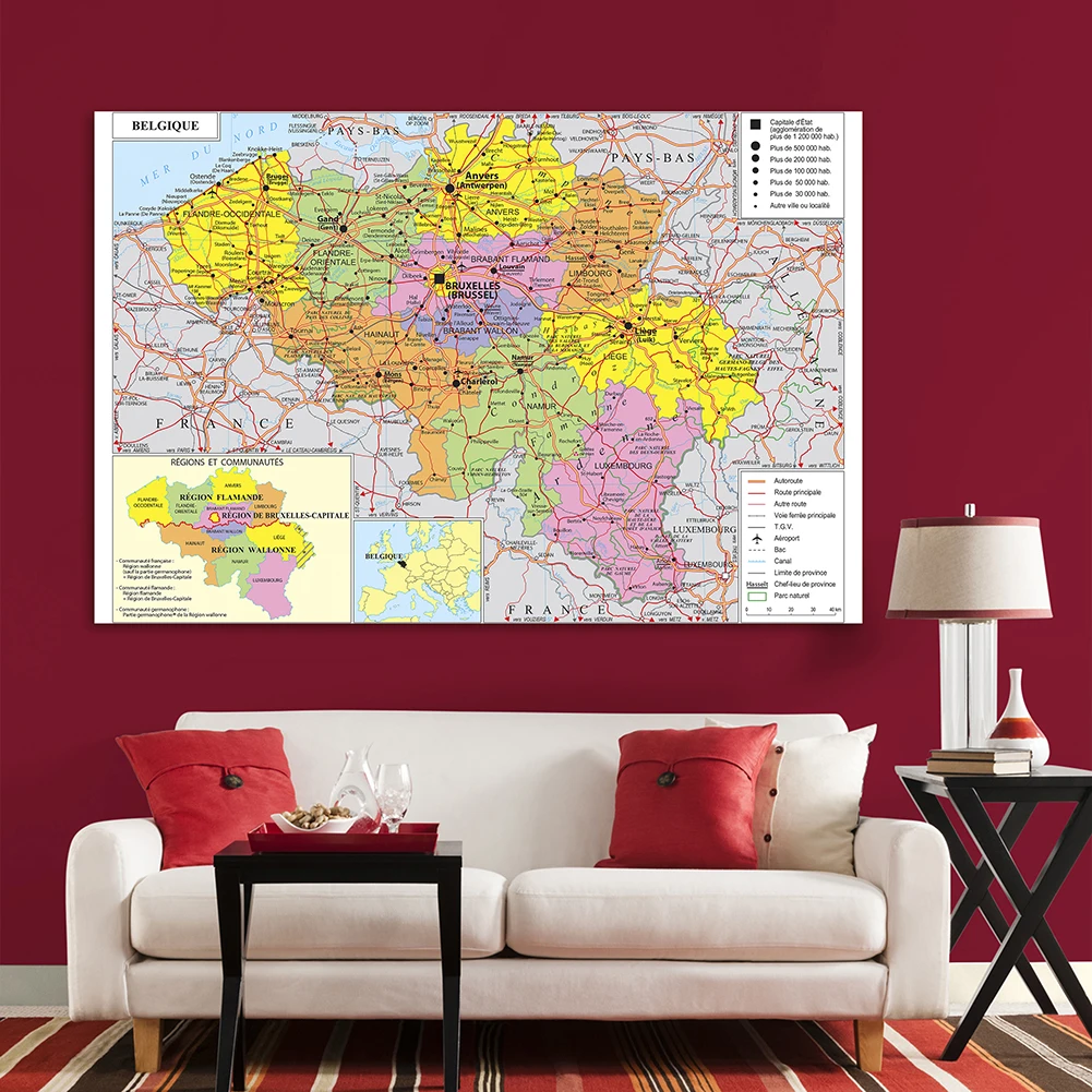 5*3 Feet The Belgium Traffic and Political Map In French Wall Art Poster Non-woven Canvas Painting Home Decor School Supplies