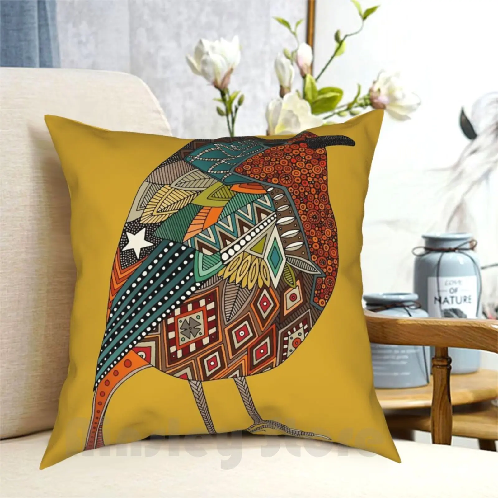 Robin Gold Pillow Case Printed Home Soft Throw Pillow Robin Robin Redbreast Nature Bird Christmas Festive Small Bird