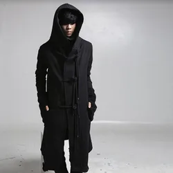 Winter men linen rope button hip hop long hoodie gothic hooded cloak nightclub DJ singer punk rock stage costume fleece hoodies